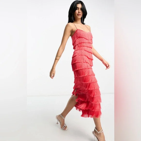 ASOS | Dresses | Nwt Asos Design Hot Pink Tiered Fringe Midi Dress With  Cross Back | Poshmark